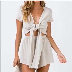 Princess Polly oatmeal beige linen blend Ragnar tie front romper
